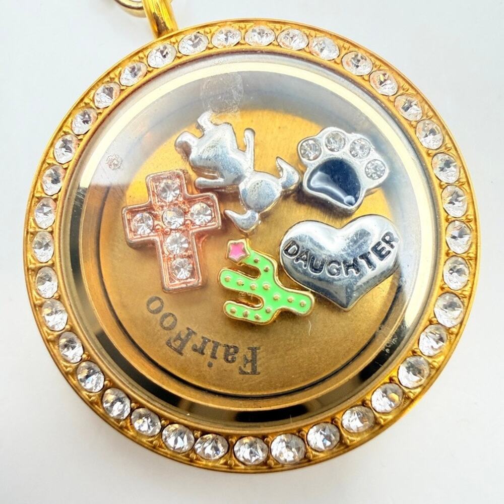 Origami Owl Living Locket Necklace 5 Floating Charms Cross Heart Daughter Paw +